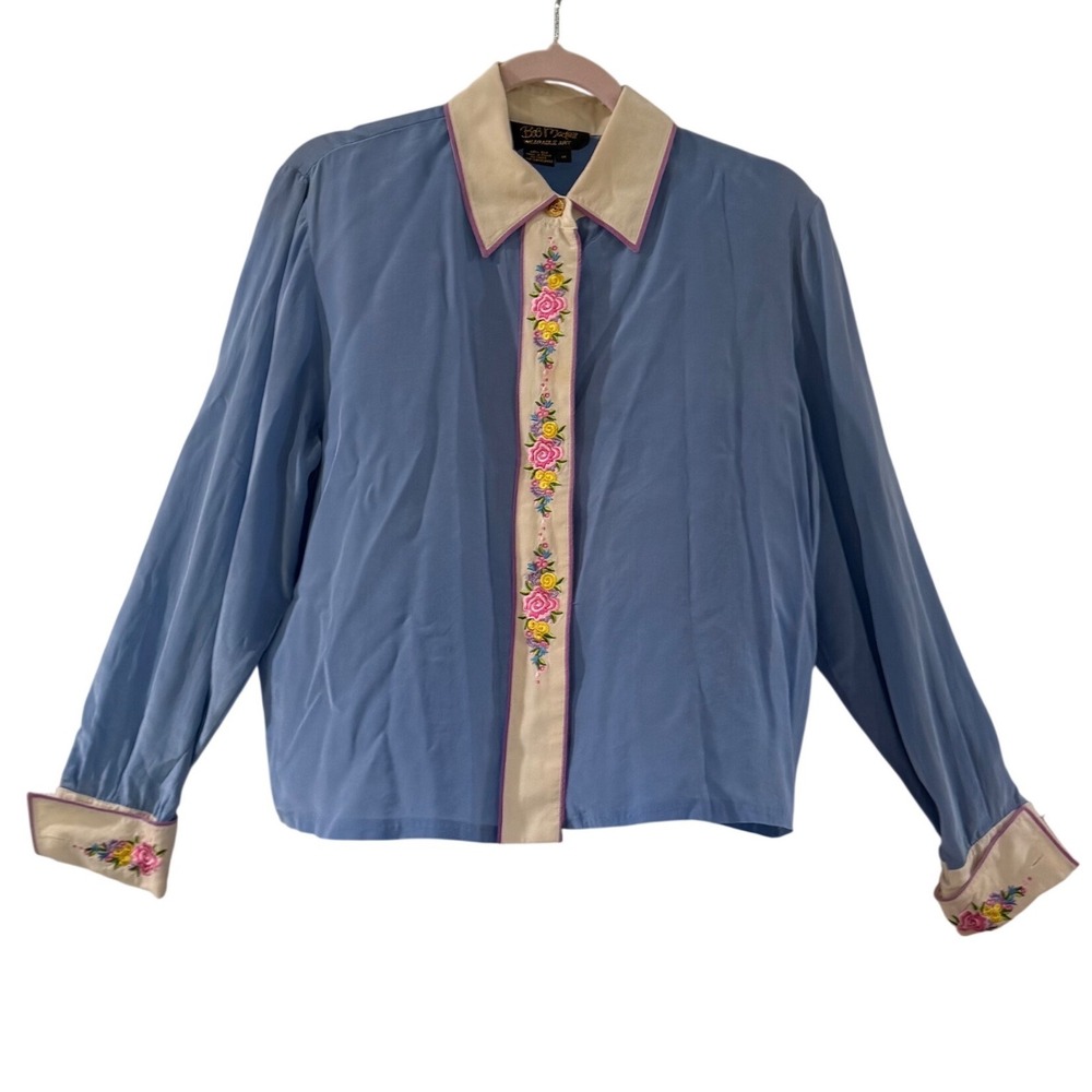 Bob Mackie Blue 100% Silk Floral Embroidered Blouse Womens M Coquette romantic